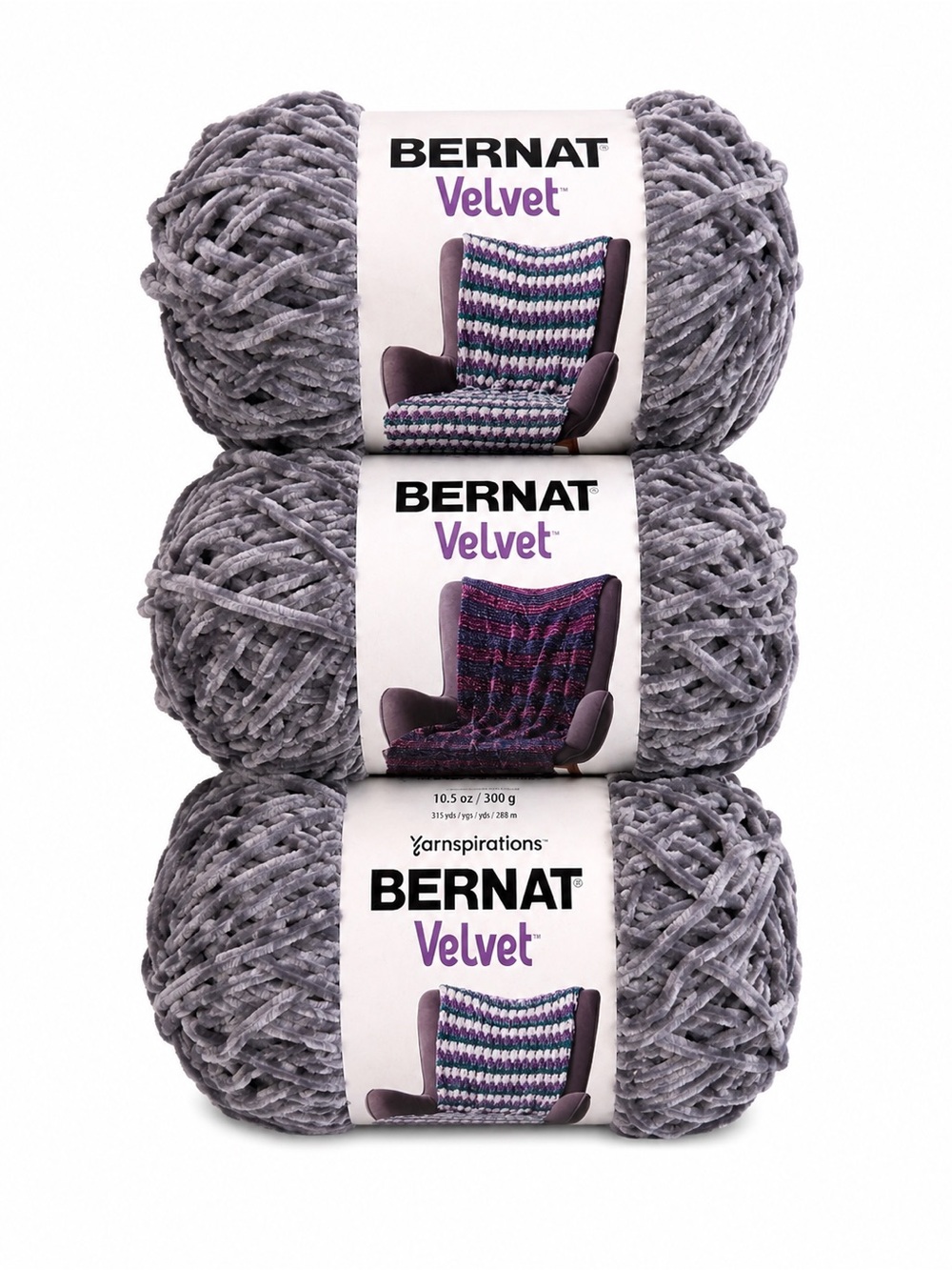 (3 Skeins) Yarnspirations BERNAT Velvet “Vapor Gray” #32001 - 315 Yards Each NEW